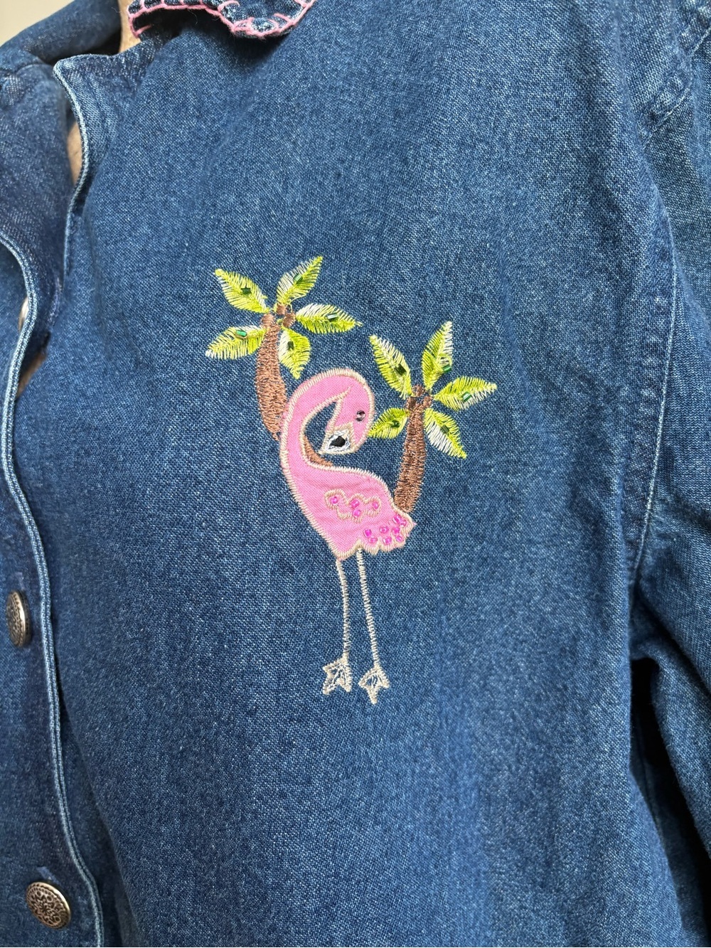 Sara Studio Flamingo Embroidered Denim Jacket Beaded Tropical Shirt Jacket Large - Picture 9 of 11